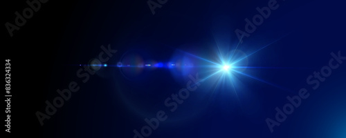 Light effect of blue glowing light. Solar flare. Glow effect. Starbursts with twinkling highlights. Beautiful light effect of flickering highlights. Vector 10 EPS