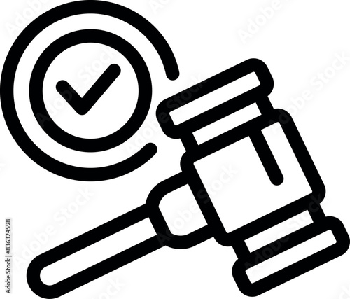 Black and white icon depicting a gavel next to a checkmark, symbolizing legal approval
