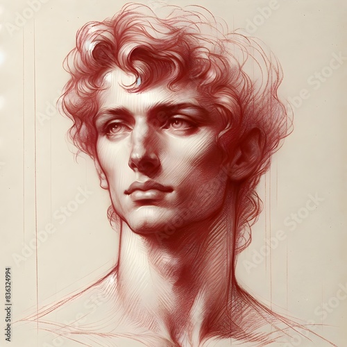 Digitale Rötelzeichnung eines jungen Mannes mit lockigem Haar und einem ausdrucksstarken Blick. Die feinen Linien und Schattierungen betonen die Konturen und verleihen dem Porträt Anmut