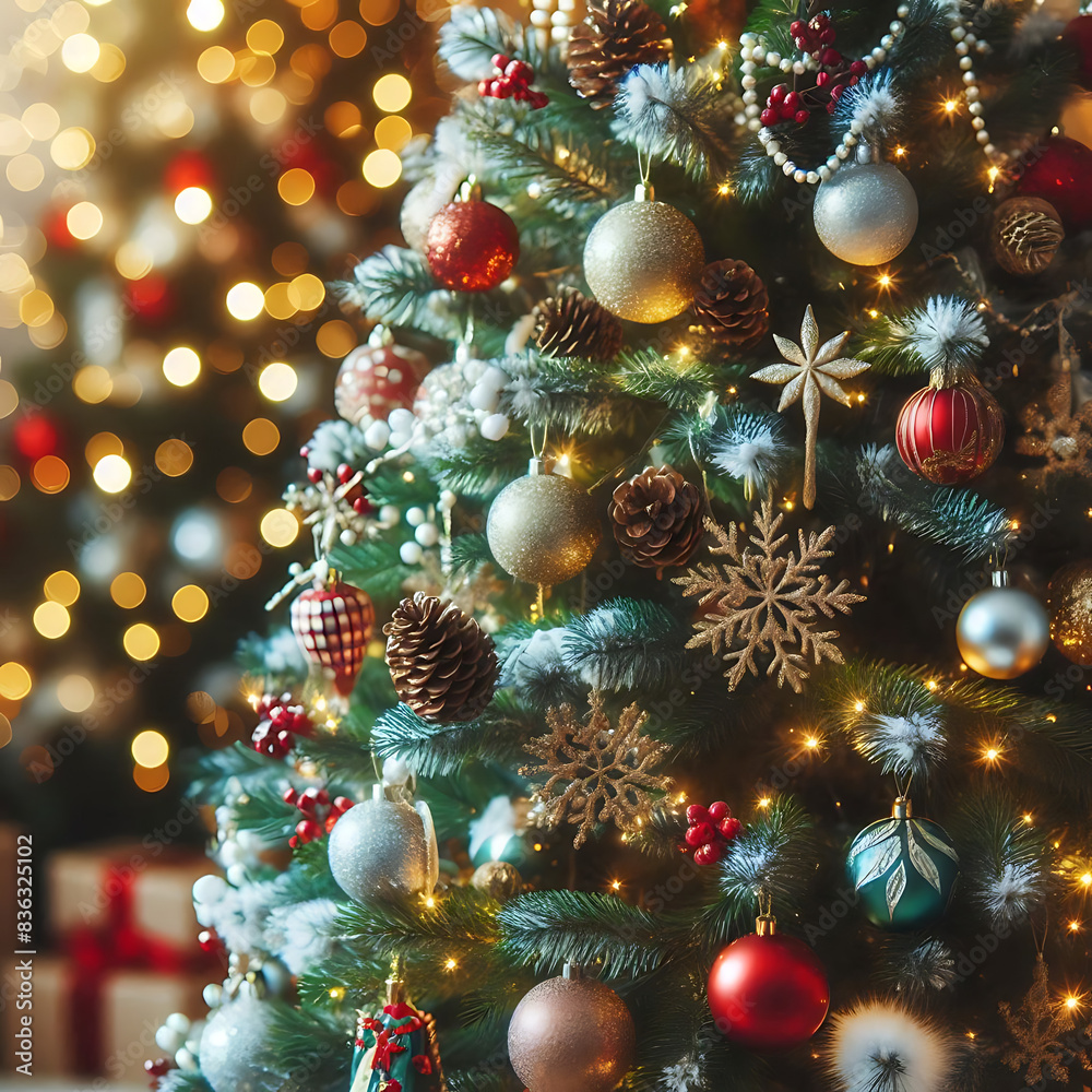 Decorated Christmas tree on blurred background.

