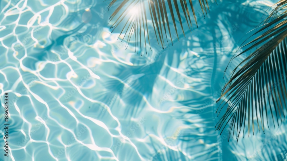 Tropical palm leaf shadow on water surface. Banner for summer vacation. Tropical palm leaf shadow on water surface. Banner for summer vacation.
