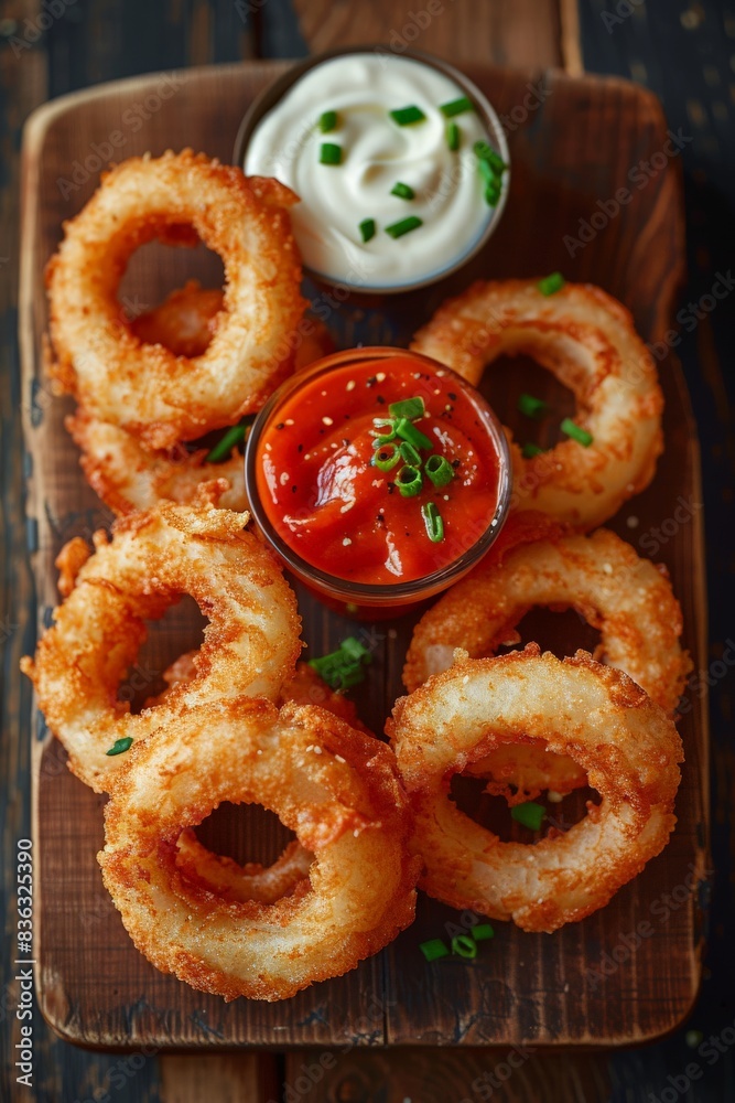 Photo of perfect fried onion rings with mayonnaise and tomato sauce on a wooden board