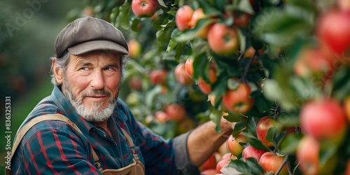 Diligent Apple Farmer Harvesting Apples. Concept Apple Orchard, Harvest Season, Agriculture, Farming Practices, Sustainability