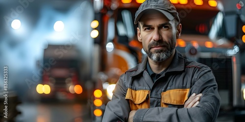 Owner in uniform standing at truck repair shop with truck in the background. Concept Truck Repair Shop, Owner in Uniform, Business Portrait, Industrial Setting, Automotive Industry