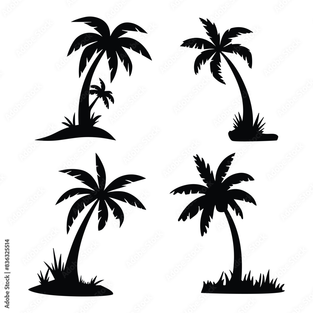 A set of Palm tree vector silhouette isolated on a white background, Tropical palm tree black clipart. Tropical palm tree A set of Palm tree vector silhouette isolated on a white background, Tropical palm tree black clipart. Tropical palm tree
