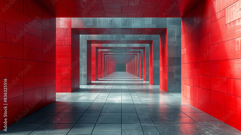 Fototapeta premium Metallic silver and crimson squares form an elegant hallway