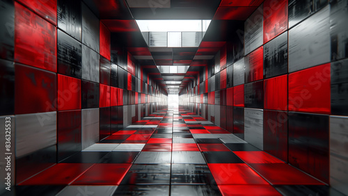 Metallic silver and crimson squares form an elegant tunnel