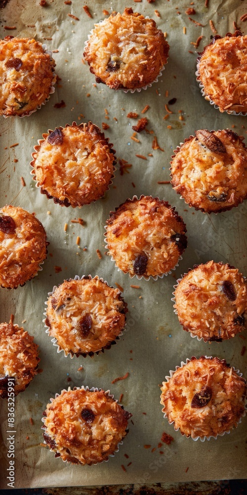 Freshly Baked Pineapple Coconut Muffins on a Baking Sheet Freshly Baked Pineapple Coconut Muffins on a Baking Sheet