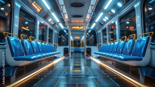 Bus inside, city transportation white interior with blue seats in row