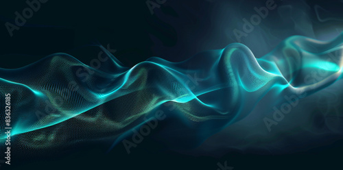 A sound wave with a glowing effect on a black background, using teal and blue colors, futuristic concept © MdArif