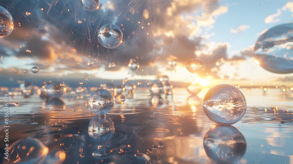 Craft a detailed, 3D visualization of a network of translucent glass spheres linked by shimmering threads, floating in a vast, surreal sky, blending realism with a touch of fantasy Craft a detailed, 3D visualization of a network of translucent glass spheres linked by shimmering threads, floating in a vast, surreal sky, blending realism with a touch of fantasy