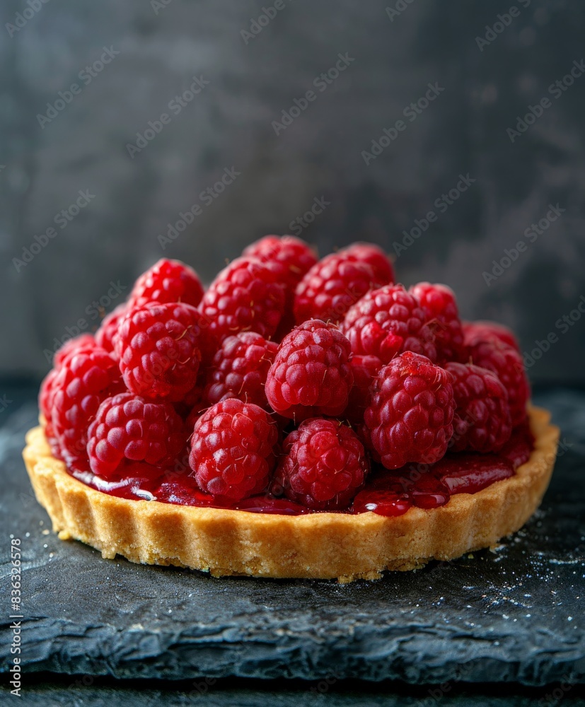 Ripe Raspberry Tart With Flaky Crust on a Dark Slate Background