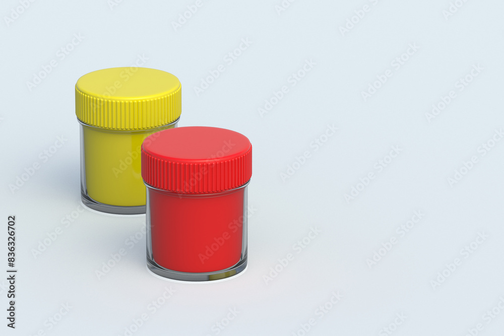 Two gouache paints in jars on gray background. School accessories. Equipment for hobby and education. Drawing training. 3d render Two gouache paints in jars on gray background. School accessories. Equipment for hobby and education. Drawing training. 3d render