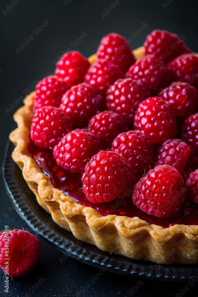 Ripe Raspberry Tart With Flaky Crust on a Dark Background Ripe Raspberry Tart With Flaky Crust on a Dark Background