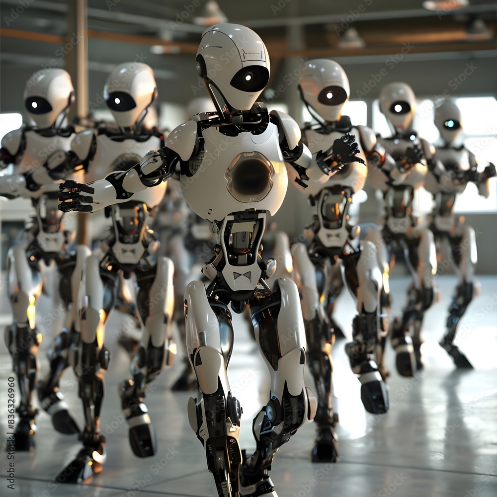 A group of identical robots marches in unison in a high-tech environment. A group of identical robots marches in unison in a high-tech environment.