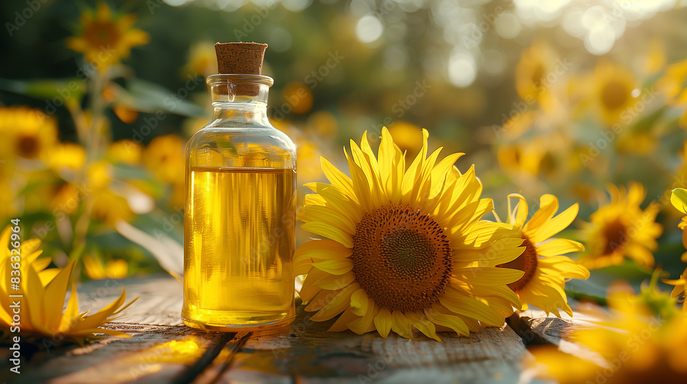 Sunflower oil on a wooden table among sunflower flowers, beautiful lighting. Sunflower oil on a wooden table among sunflower flowers, beautiful lighting.