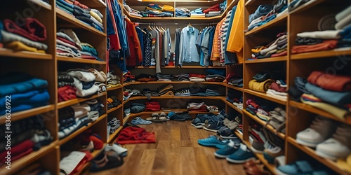Disorganized closet with scattered clothes on shelves and floor in a room. Concept Messy Closet, Cluttered Wardrobe, Unorganized Clothing, Chaotic Closet Space photo