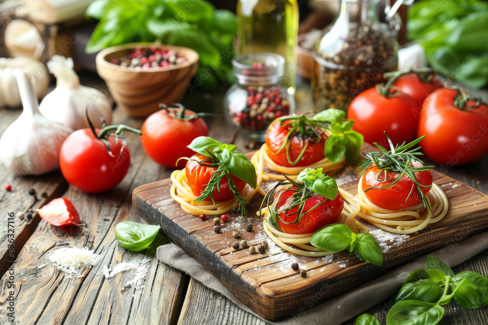 Delicious Italian Pasta with Fresh Tomatoes and Basil on Rustic Wooden Table, Mediterranean Cuisine Delicious Italian Pasta with Fresh Tomatoes and Basil on Rustic Wooden Table, Mediterranean Cuisine