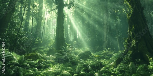 In the woods  foliage thrives amidst morning mist  kissed by sunlight s mystic rays.