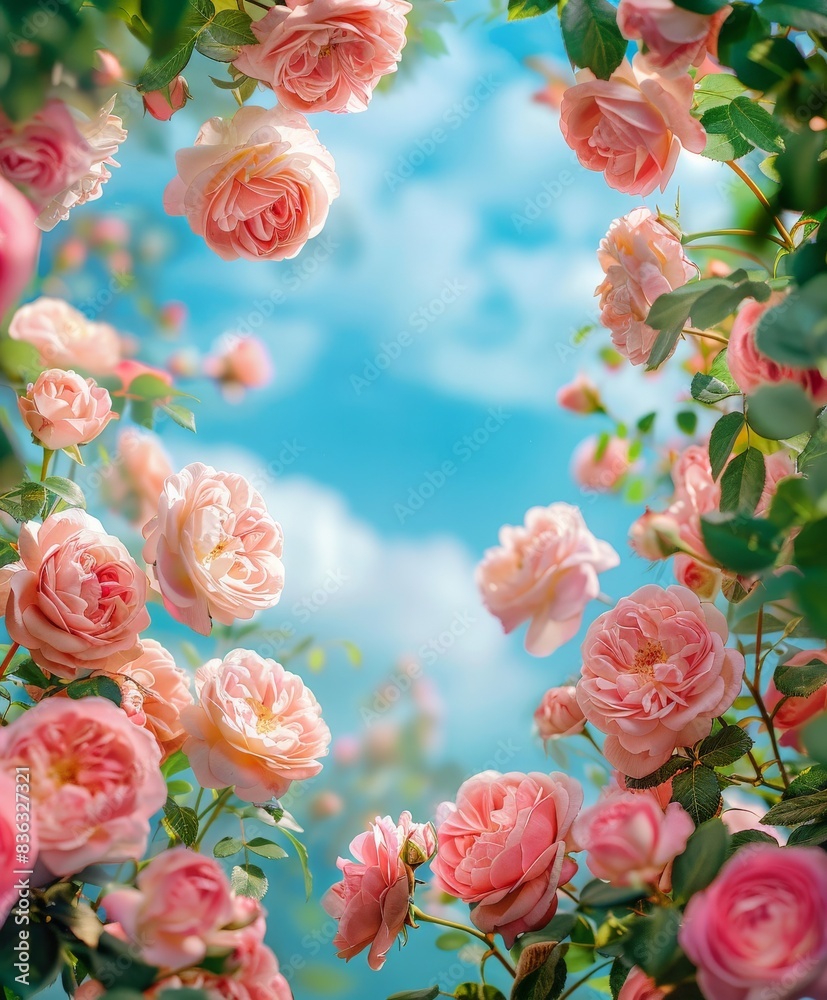 Pink Roses and Peonies Blooming Under a Summer Sky Pink Roses and Peonies Blooming Under a Summer Sky