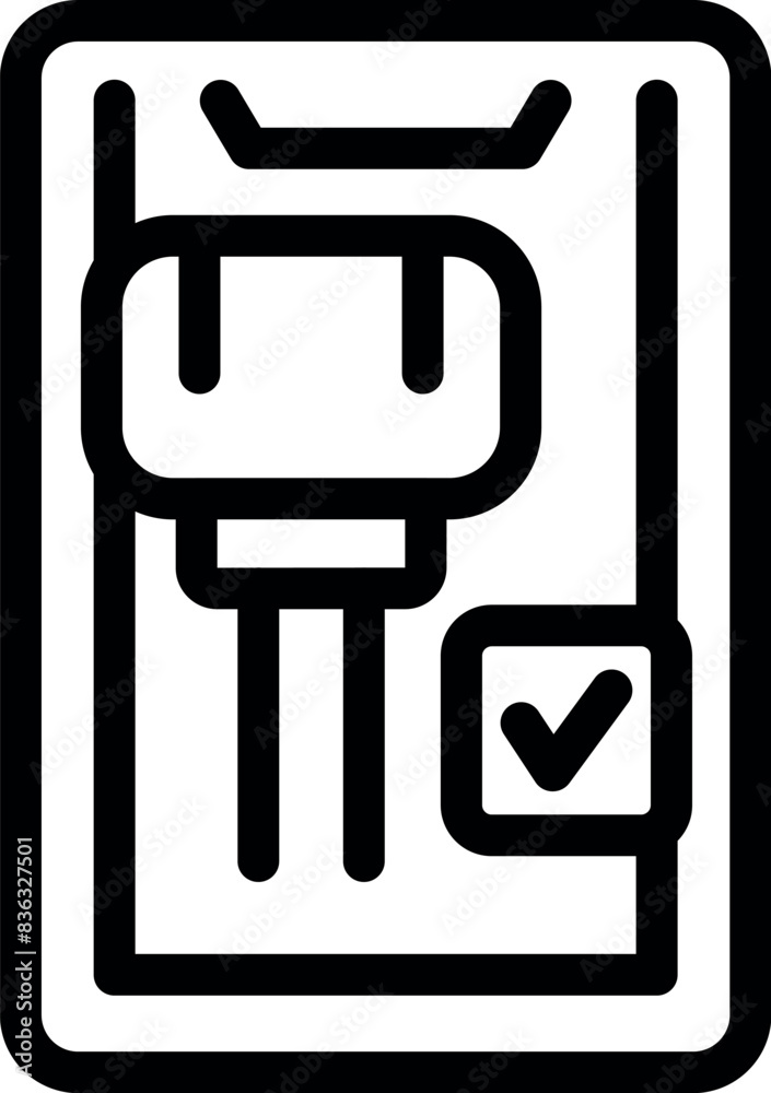 Line art illustration of a power outlet with a check mark, symbolizing safety or approval Line art illustration of a power outlet with a check mark, symbolizing safety or approval