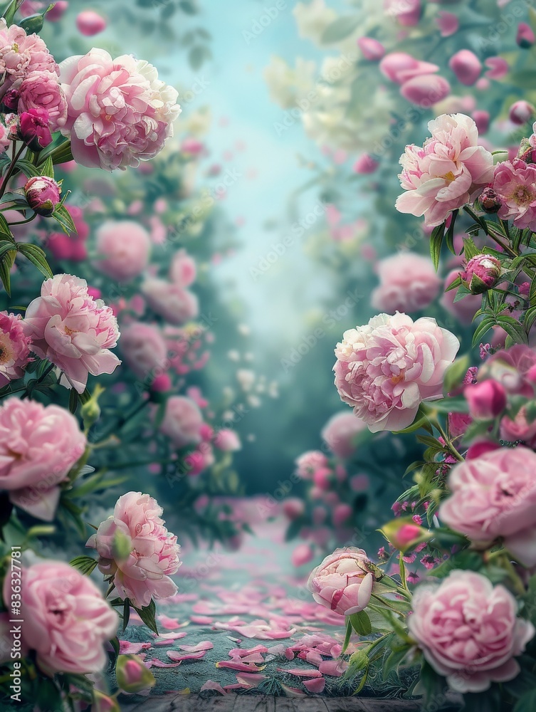 Pink Peony And Rose Garden Path In Bloom Pink Peony And Rose Garden Path In Bloom