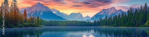 A serene scene at a tranquil lake nestled in the majestic mountains.
