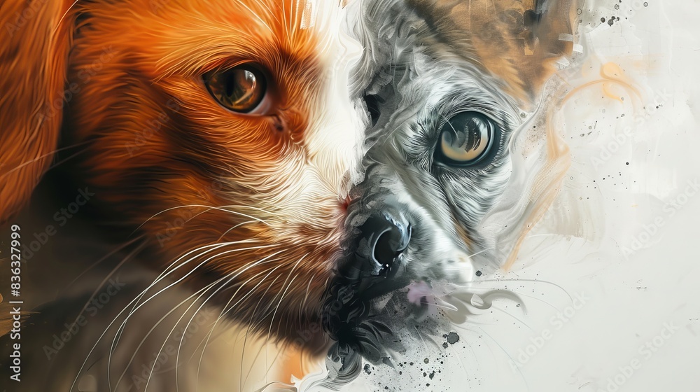One half image of half cat and half dog illustration (close up, animal fusion theme, whimsical, overlay, nature backdrop) One half image of half cat and half dog illustration (close up, animal fusion theme, whimsical, overlay, nature backdrop)