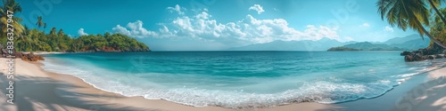 A panoramic seascape featuring an idyllic shore with sandy beaches  turquoise waters  and sunny skies.