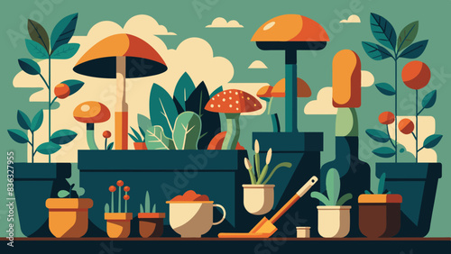 Vibrant Illustration of Potted Plants and Gardening Tools