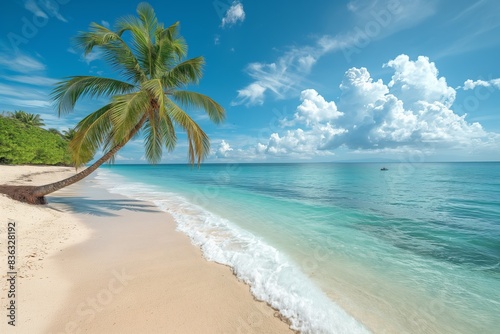 The idyllic tropical coastline boasts palm-lined shores, turquoise waters, and radiant sunlight. © Andrii Zastrozhnov
