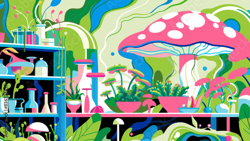Vibrant Mushroom and Plant Laboratory Illustration