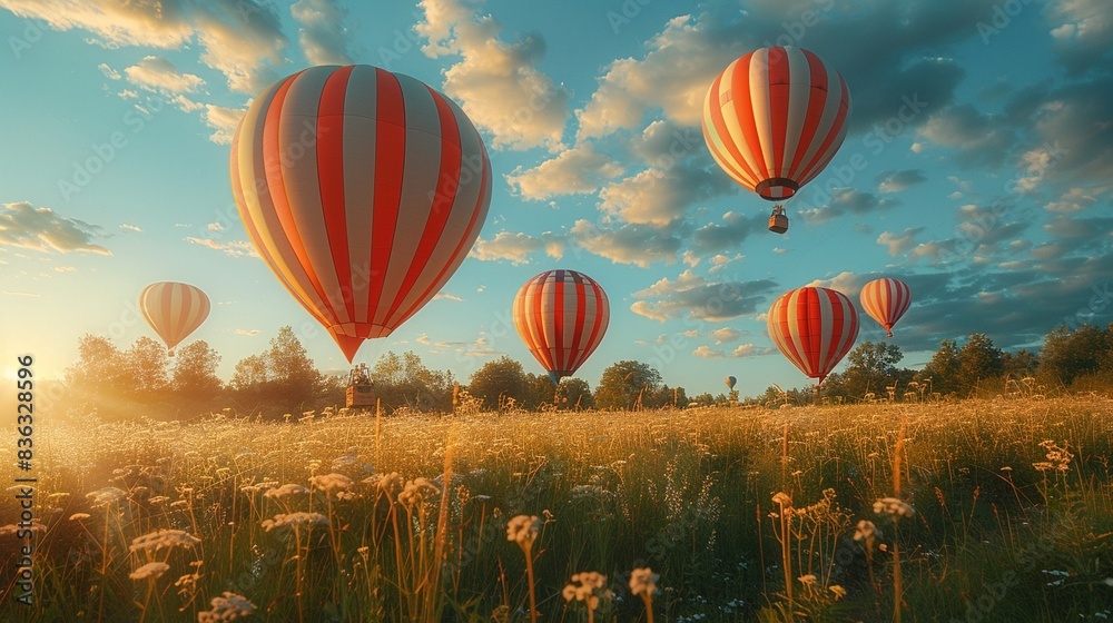 Obraz premium Hot air balloons in various shapes and sizes, creative designs, Whimsical, Colorful, Photography, celebrating artistic expression 8K , high-resolution, ultra HD,up32K HD