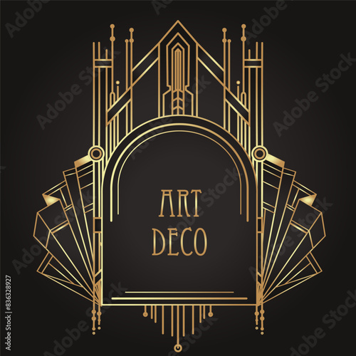 Art Deco vintage gold and silver design element over black. Retro party geometric background set in 1920s style. Vector illustration for glamour party, thematic wedding or textile prints.