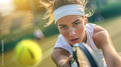 A young woman tennis player in white with a headband and hair up is hitting the ball on a green court with a blurred background photo