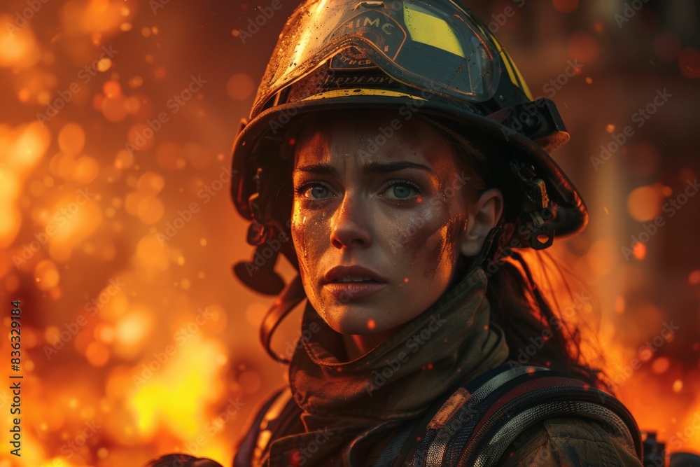 Bring to life the fearless female firefighter as she commands her team in a highresolution image Use a lowangle perspective to showcase her strength and determination against the f Bring to life the fearless female firefighter as she commands her team in a highresolution image Use a lowangle perspective to showcase her strength and determination against the f