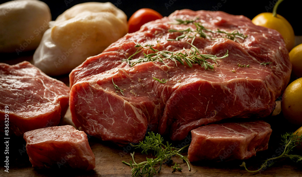 A slab of raw meat with herbs and tomatoes on top of a wooden cutting board A slab of raw meat with herbs and tomatoes on top of a wooden cutting board
