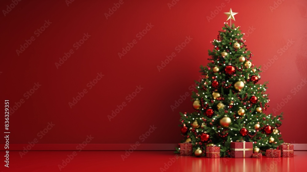 3d christmas tree with ornaments and lights on sage red background, copy space 3d christmas tree with ornaments and lights on sage red background, copy space