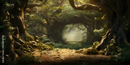 Enchanted forest with big trees and lush vegetation perfect for digital art. Concept Enchanted Forest  Big Trees  Lush Vegetation  Digital Art  Natural Setting