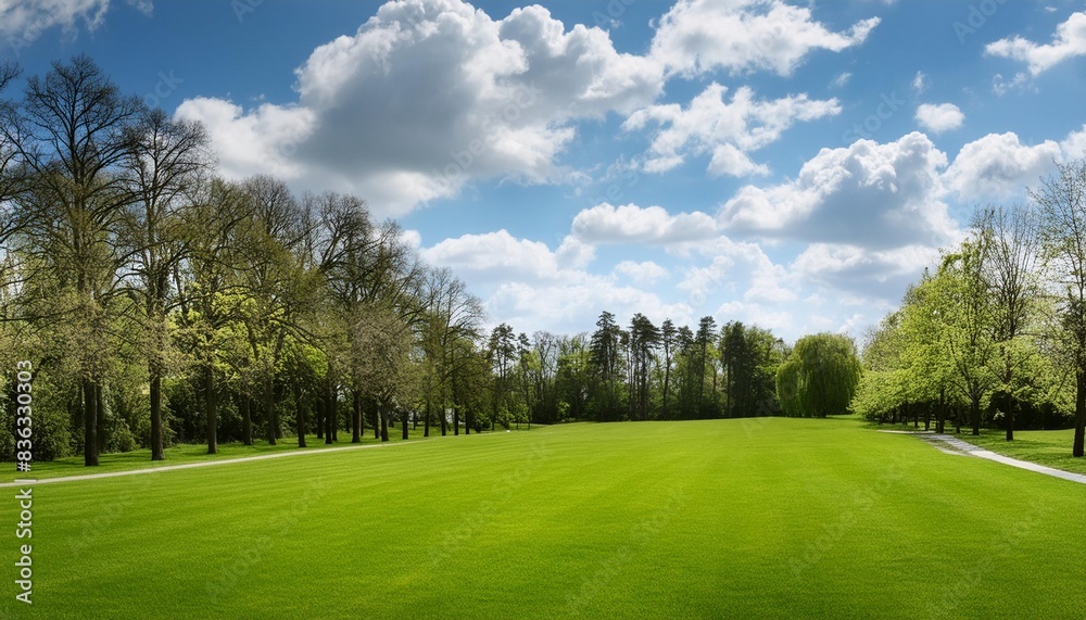 Beautiful blurred background image of spring nature with a neatly trimmed lawn surrounded by trees against a blue sky with clouds on a bright sunny day. Beautiful blurred background image of spring nature with a neatly trimmed lawn surrounded by trees against a blue sky with clouds on a bright sunny day.