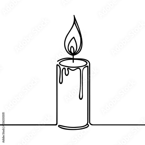 One line continuous lightning candle symbol concept. Silhouette of burning memorial ceremony church tradition. Digital white single line sketch drawing vector illustration