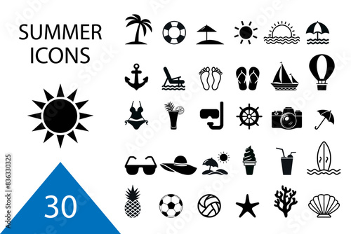 Summer vector icon set. Icons  signs and banners. Collection elements for summer holidays  travel  tourism and parties. Vector illustration