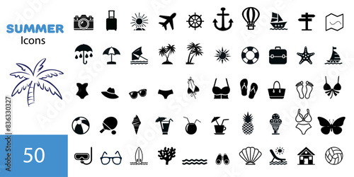 Summer vector icon set. Icons, signs and banners. Collection elements for summer holidays, travel, tourism and parties. Vector illustration