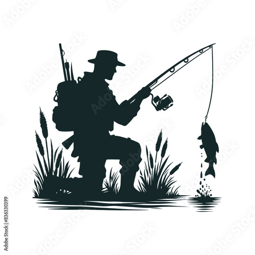 fishing silhouette, fisherman clipart, hunting silhouette, fisherman flat design, fishing vector design, fishing graphic illustration.