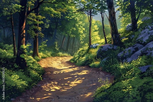 Craft a digital illustration showcasing a realistic view of a forest trail from behind Emphasize the winding path