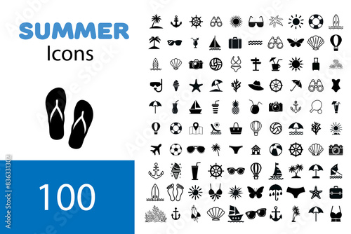 Summer vector icon set. Icons, signs and banners. Collection elements for summer holidays, travel, tourism and parties. Vector illustration photo