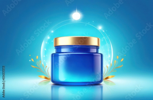 Luxurious blue cosmetic jar with golden lid against an enchanting, radiant backdrop photo