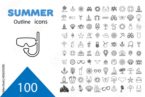 Summer vector icon set. Icons, signs and banners. Collection elements for summer holidays, travel, tourism and parties. Vector illustration