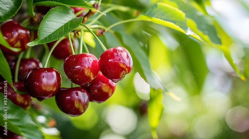 closeup of ripe cherries on green tree branches. closeup of ripe cherries on green tree branches.