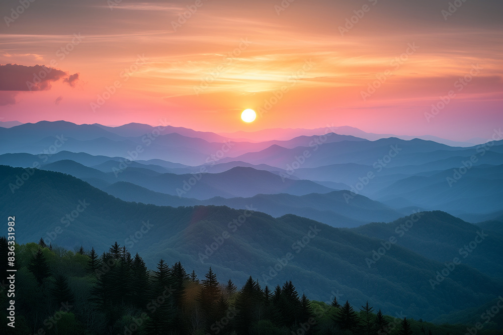 Sunset Over The Great Smokey Mountains with forest.
Sunset Over The Great Smokey Mountains with forest.